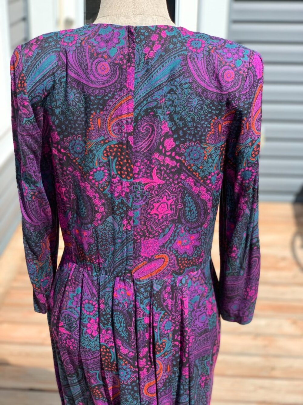 Vintage Paisley Maxi Midi Dress M Purple Pleated Long Puff Sleeve Pockets Modest - Picture 7 of 16